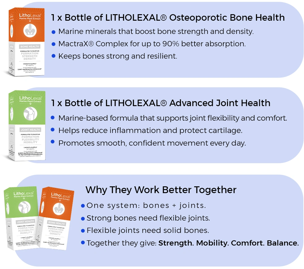 LithoLexal Bone and Joint Health supplements – marine-derived formula that supports bone strength, joint flexibility, and total body balance.